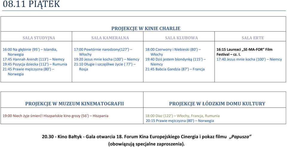 Francja 16:15 Laureaci SE-MA-FOR Film Festival cz. I. 17:40 Jezus mnie kocha (100 ) 19:00 Niech żyje śmierć!