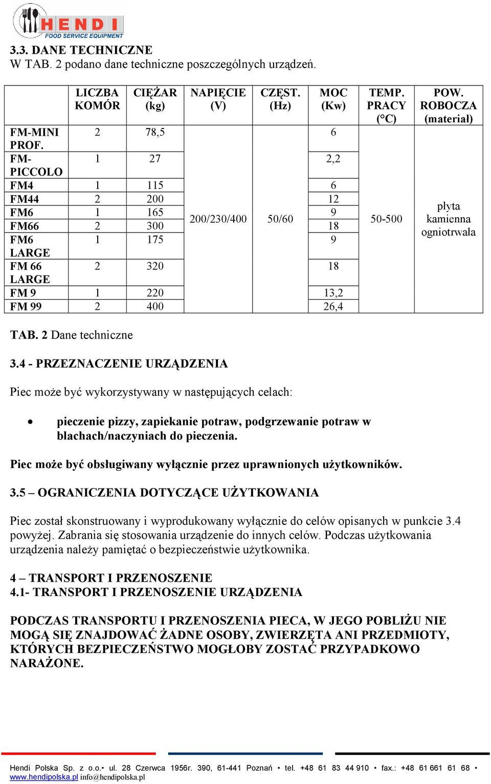 4 - PRZEZNACZENIE URZĄDZENIA Piec może być wykorzystywany w następujących celach: TEMP. PRACY ( C) 50-500 POW.