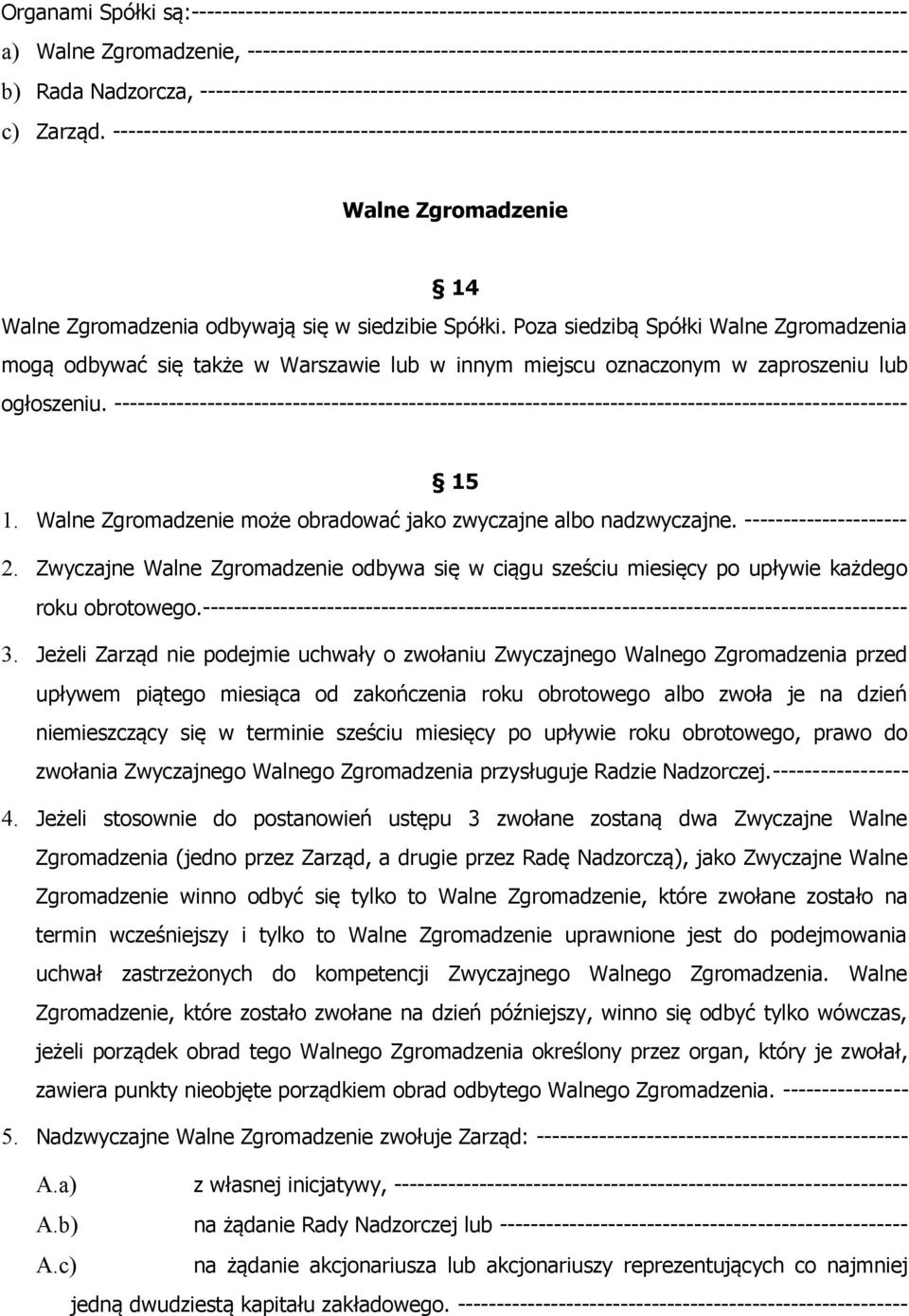 Zarząd. ------------------------------------------------------------------------------------------------------ Walne Zgromadzenie 14 Walne Zgromadzenia odbywają się w siedzibie Spółki.