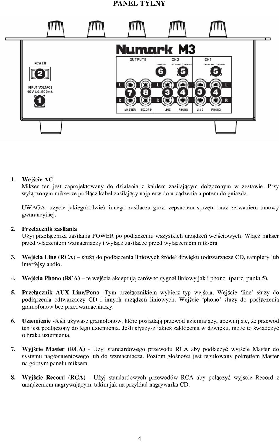 Przełącznik zasilania UŜyj przełącznika zasilania POWER po podłączeniu wszystkich urządzeń wejściowych. Włącz mikser przed włączeniem wzmacniaczy i wyłącz zasilacze przed wyłączeniem miksera. 3.