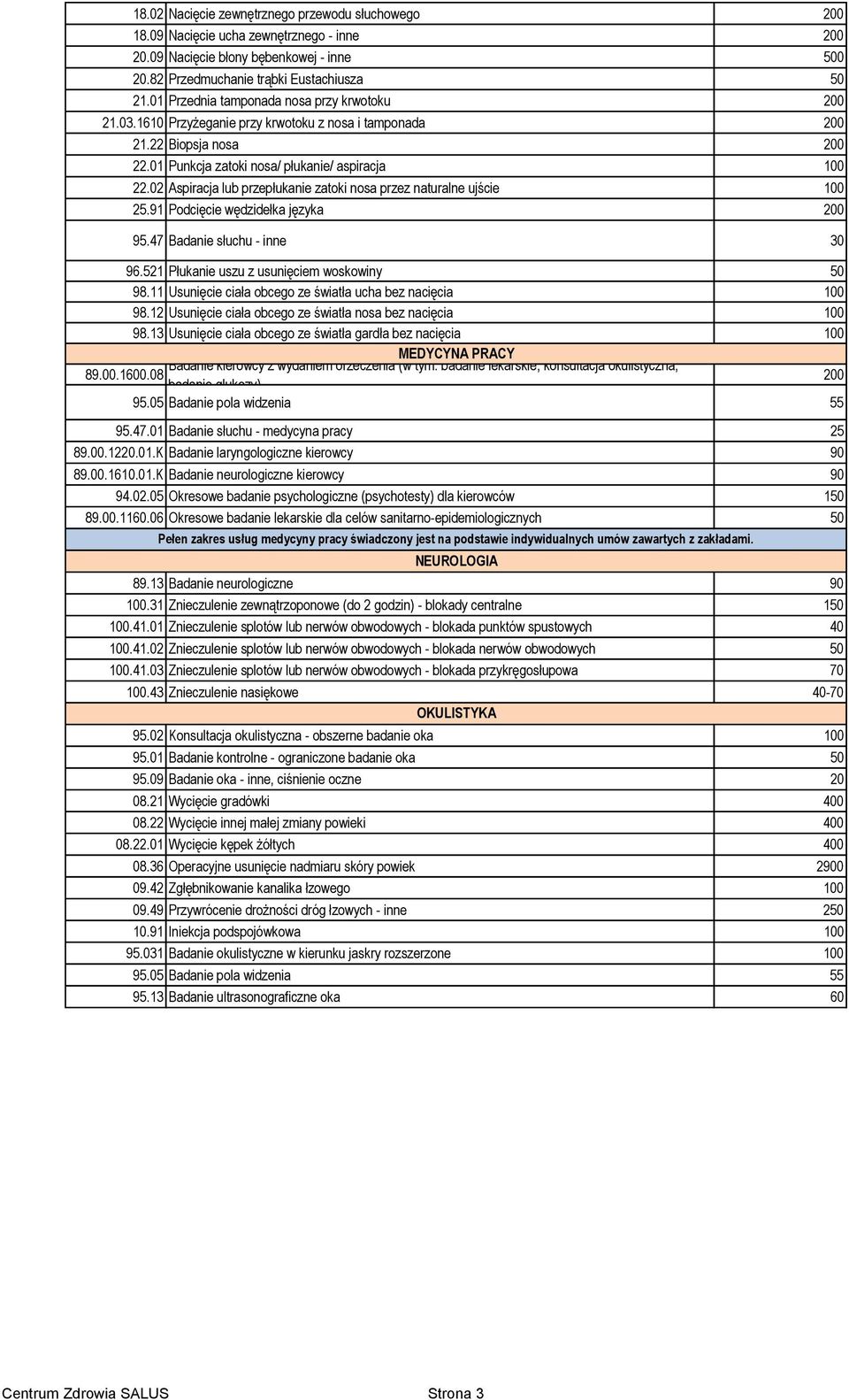 02 Aspiracja lub przepłukanie zatoki nosa przez naturalne ujście 100 25.91 Podcięcie wędzidełka języka 200 95.47 Badanie słuchu - inne 30 96.521 Płukanie uszu z usunięciem woskowiny 50 98.