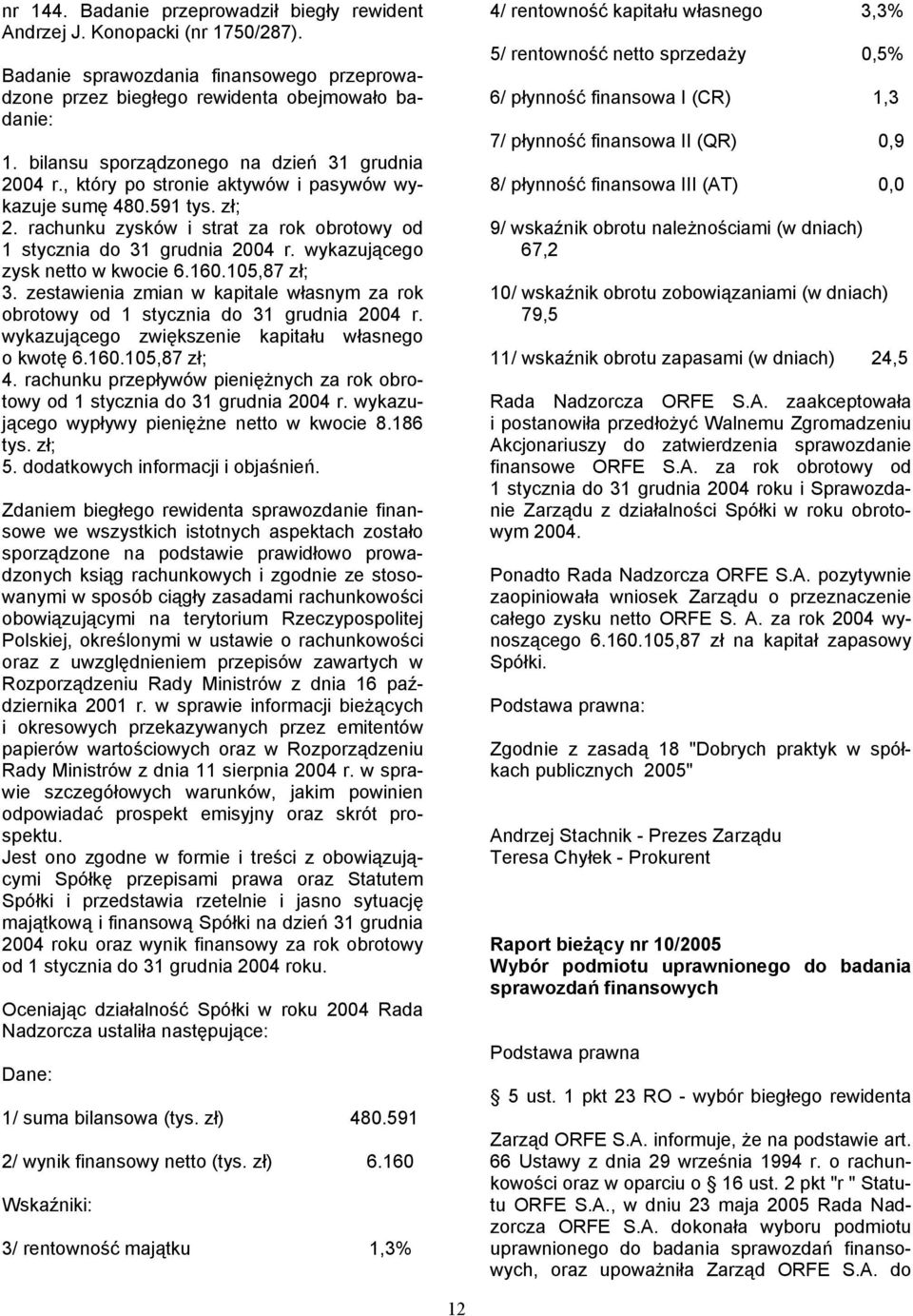 wykazującego zysk netto w kwocie 6.160.105,87 zł; 3. zestawienia zmian w kapitale własnym za rok obrotowy od 1 stycznia do 31 grudnia 2004 r. wykazującego zwiększenie kapitału własnego o kwotę 6.160.105,87 zł; 4.