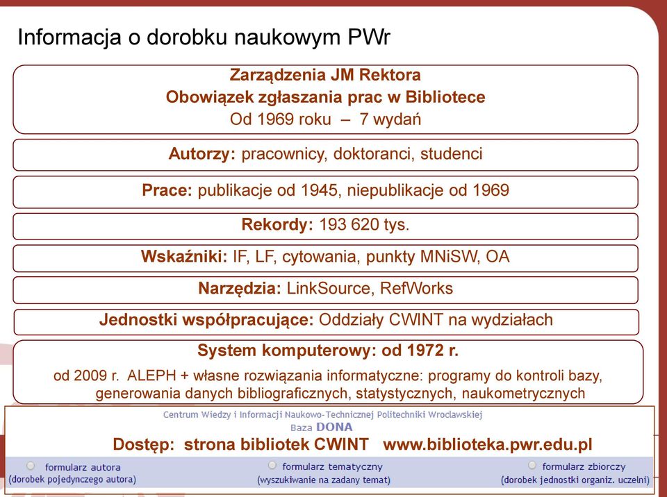 Wskaźniki: IF, LF, cytowania, punkty MNiSW, OA Narzędzia: LinkSource, RefWorks Jednostki współpracujące: Oddziały CWINT na wydziałach System