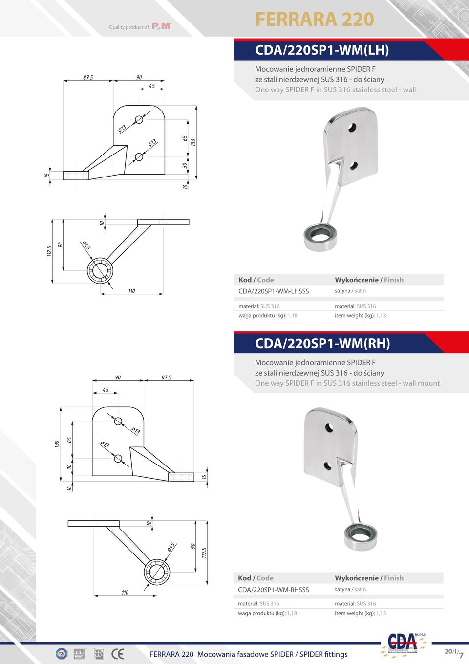 (kg): 1,18 CDA/220SP1-WM(RH) Mocowanie jednoramienne SPIDER F - do ściany One way SPIDER F in SUS 316