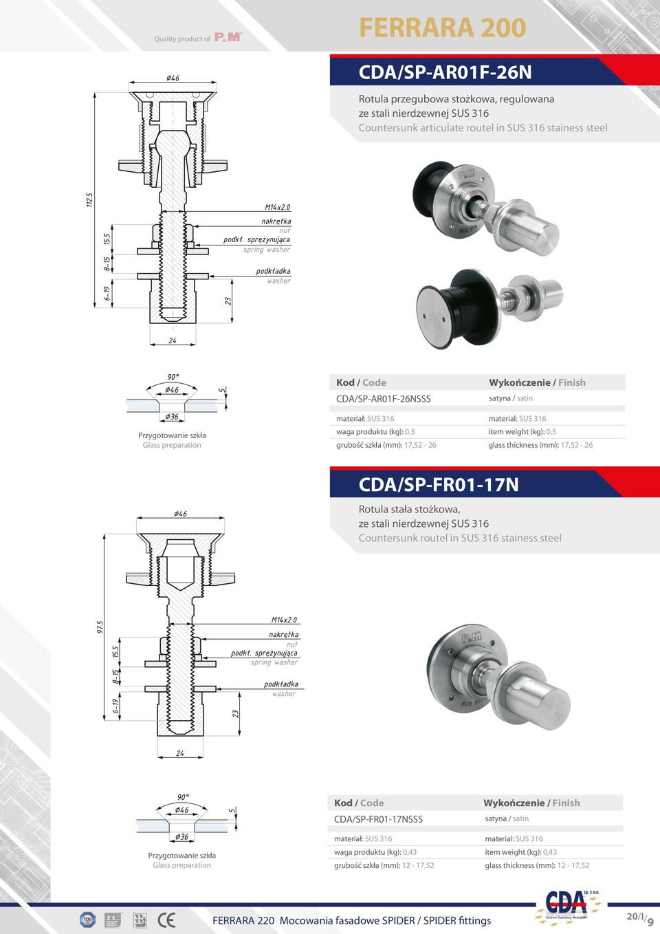 glass thickness (mm): 17,52-26 CDA/SP-FR01-17N Rotula stała stożkowa, Countersunk routel in SUS 316 stainess steel
