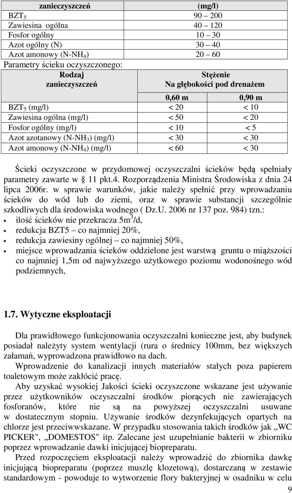 60 < 30 Ścieki oczyszczone w przydomowej oczyszczalni ścieków będą spełniały parametry zawarte w 11 pkt.4. Rozporządzenia Ministra Środowiska z dnia 24 lipca 2006r.