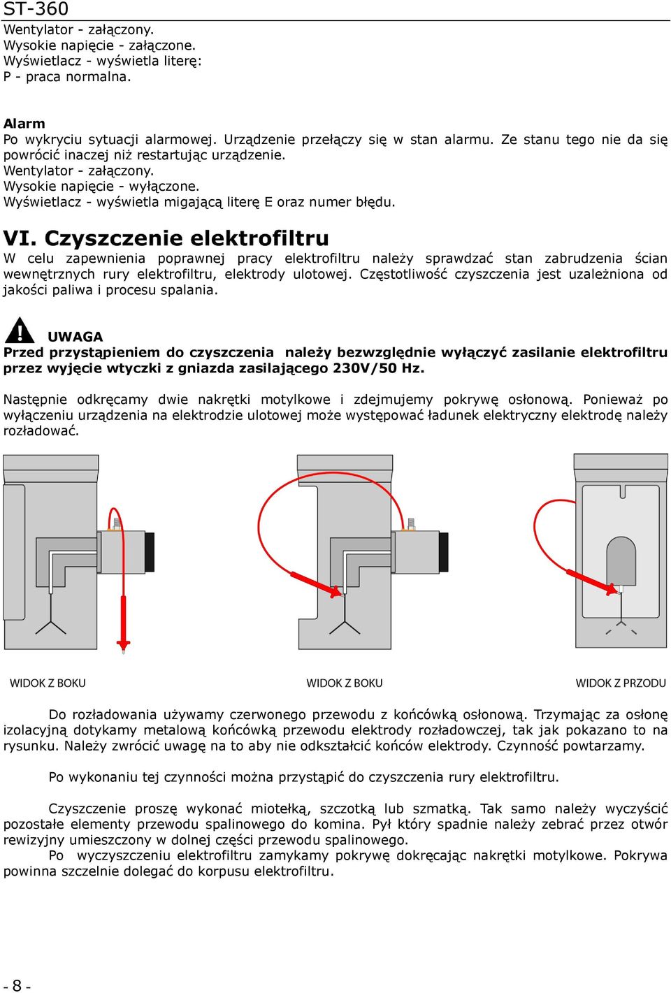 W celu zapewnienia poprawnej pracy elektrofiltru należy sprawdzać stan zabrudzenia ścian wewnętrznych rury elektrofiltru, elektrody ulotowej.