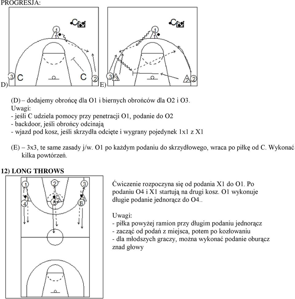 3x3, te same zasady j/w. O1 po każdym podaniu do skrzydłowego, wraca po piłkę od C. Wykonać kilka powtórzeń.