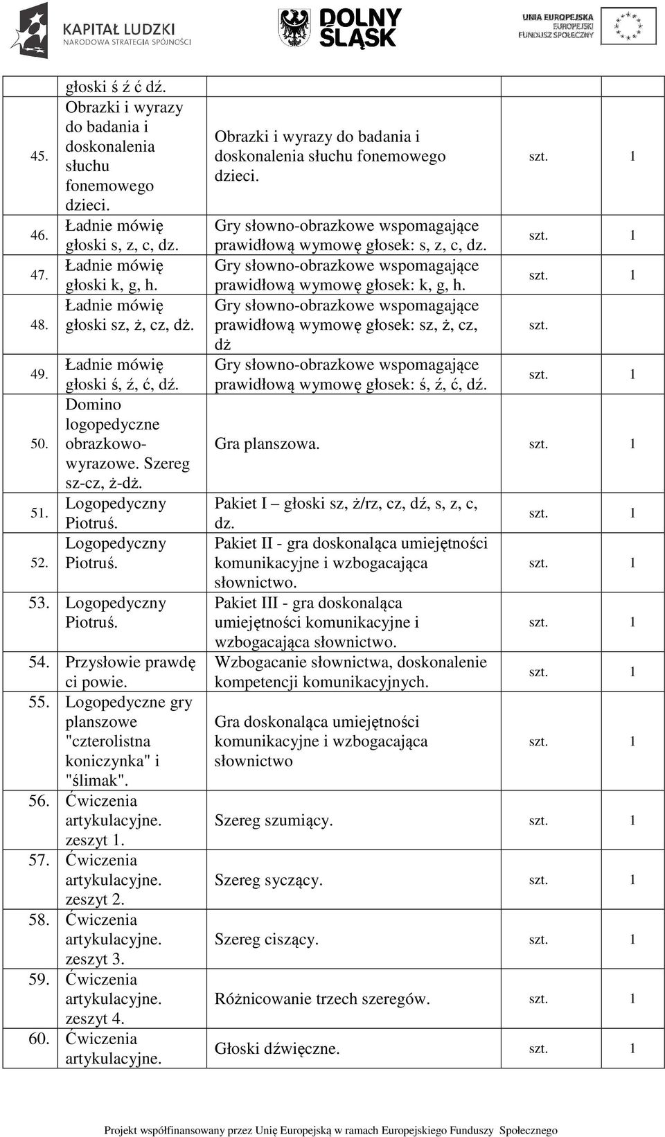 Przysłowie prawdę ci powie. 55. Logopedyczne gry planszowe "czterolistna koniczynka" i "ślimak". 56. Ćwiczenia zeszyt 1. 57. Ćwiczenia zeszyt 2. 58. Ćwiczenia zeszyt 3. 59. Ćwiczenia zeszyt 4. 60.