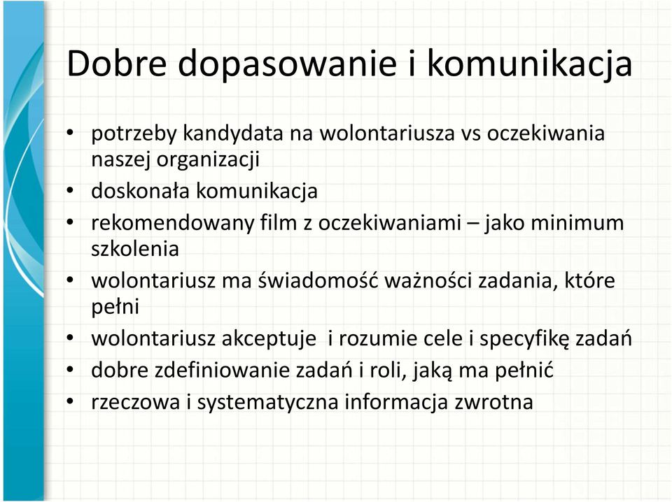 wolontariusz ma świadomość ważności zadania, które pełni wolontariusz akceptuje i rozumie cele i