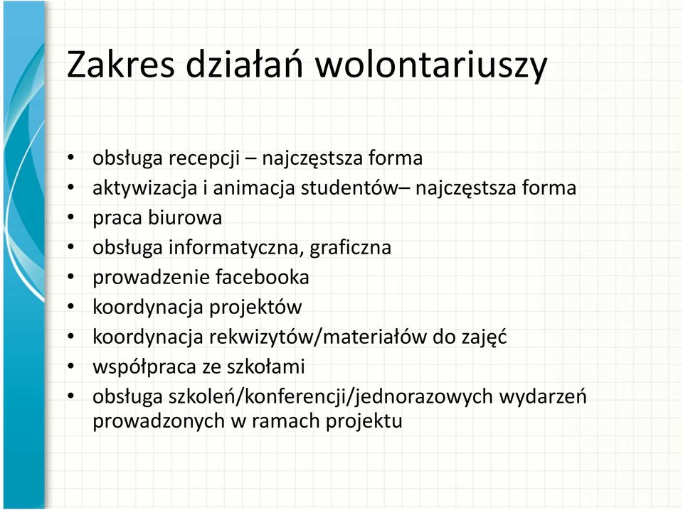 facebooka koordynacja projektów koordynacja rekwizytów/materiałów do zajęć współpraca ze