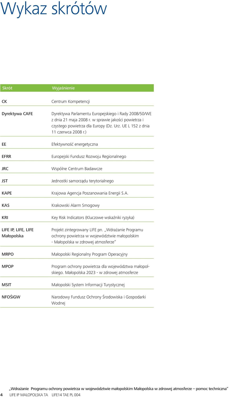 ) EE Efektywność energetyczna EFRR Europejski Fundusz Rozwoju Regionalnego JRC Wspólne Centrum Badawcze JST Jednostki samorządu terytorialnego KAP
