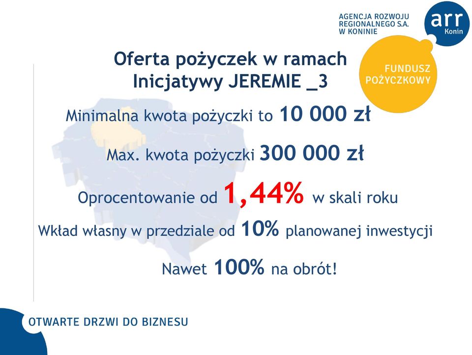 kwota pożyczki 300 000 zł Oprocentowanie od 1,44% w