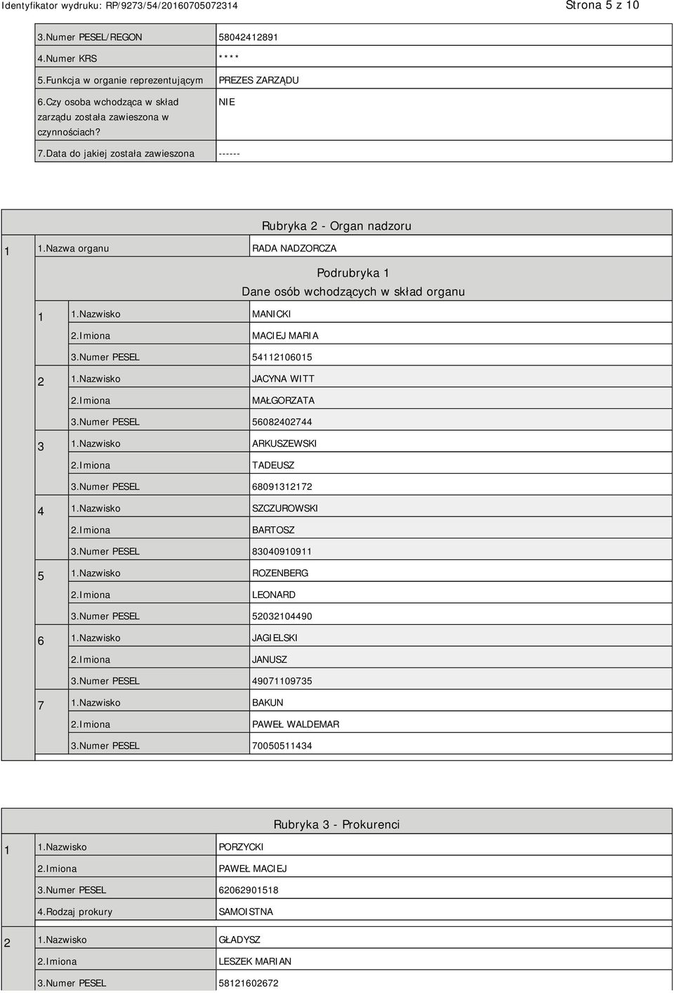 Numer PESEL 54112106015 2 1.Nazwisko JACYNA WITT MAŁGORZATA 3.Numer PESEL 56082402744 3 1.Nazwisko ARKUSZEWSKI TADEUSZ 3.Numer PESEL 68091312172 4 1.Nazwisko SZCZUROWSKI BARTOSZ 3.