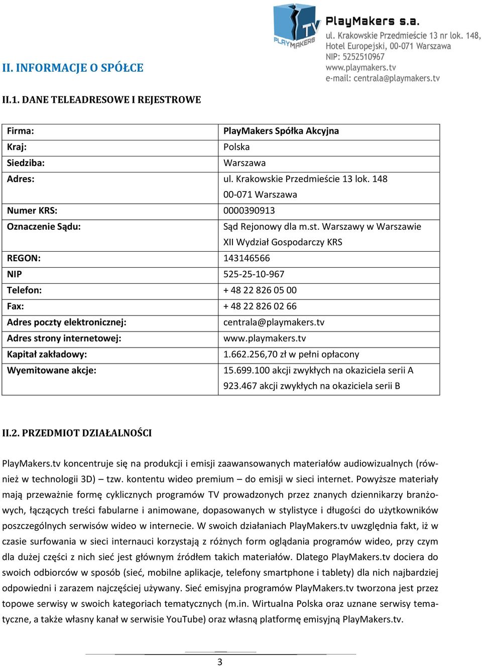 Warszawy w Warszawie XII Wydział Gospodarczy KRS REGON: 143146566 NIP 525-25-10-967 Telefon: + 48 22 826 05 00 Fax: + 48 22 826 02 66 Adres poczty elektronicznej: centrala@playmakers.