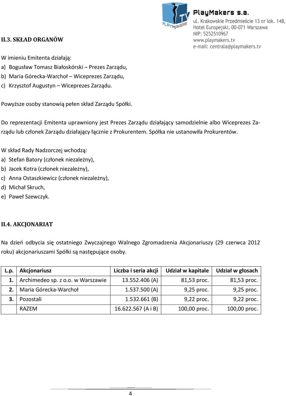 Do reprezentacji Emitenta uprawniony jest Prezes Zarządu działający samodzielnie albo Wiceprezes Zarządu lub członek Zarządu działający łącznie z Prokurentem. Spółka nie ustanowiła Prokurentów.