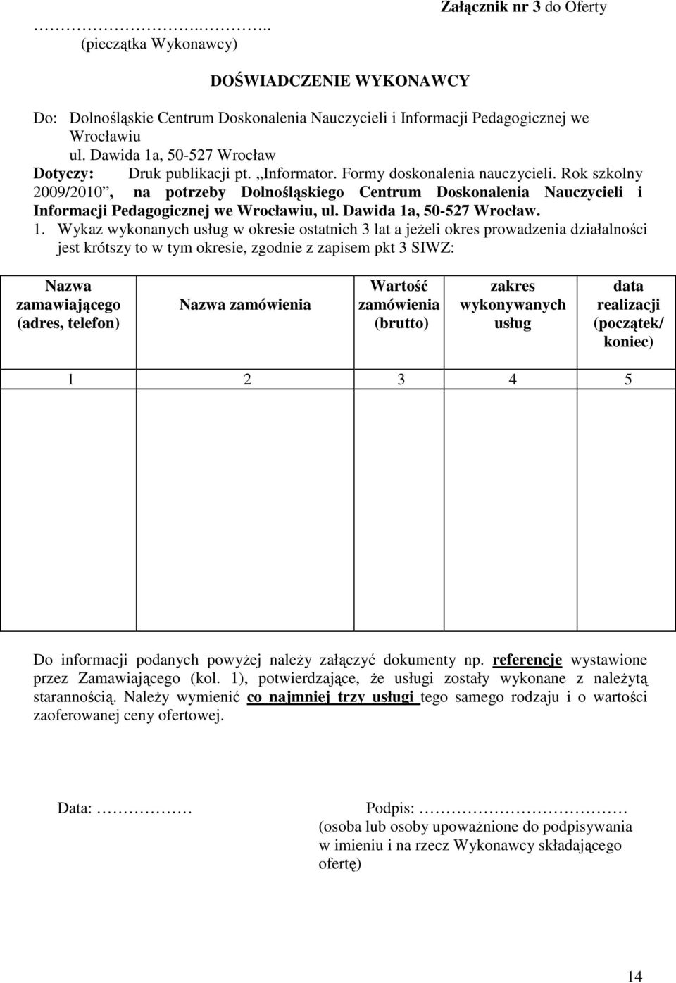 Rok szkolny 2009/2010, na potrzeby Dolnośląskiego Centrum Doskonalenia Nauczycieli i Informacji Pedagogicznej we Wrocławiu, ul. Dawida 1a