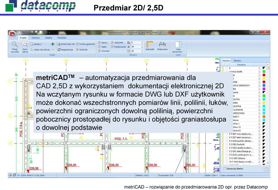 linii, polilinii, łuków, powierzchni ograniczonych dowolną polilinią, powierzchni pobocznicy prostopadłej do