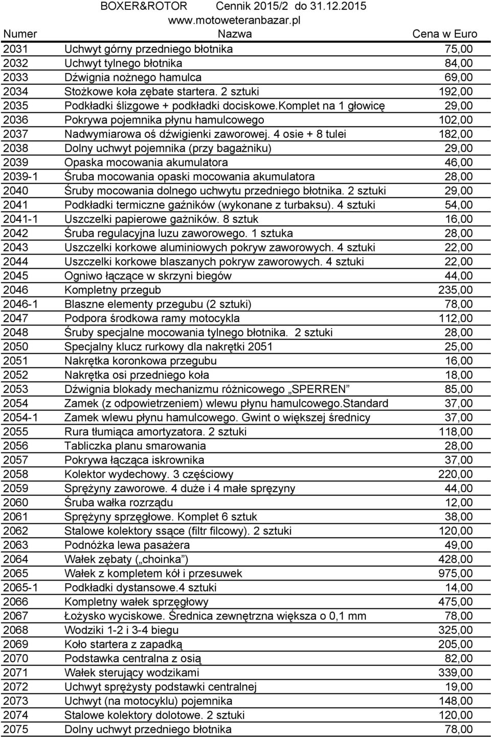 4 osie + 8 tulei 182,00 2038 Dolny uchwyt pojemnika (przy bagażniku) 29,00 2039 Opaska mocowania akumulatora 46,00 2039-1 Śruba mocowania opaski mocowania akumulatora 28,00 2040 Śruby mocowania