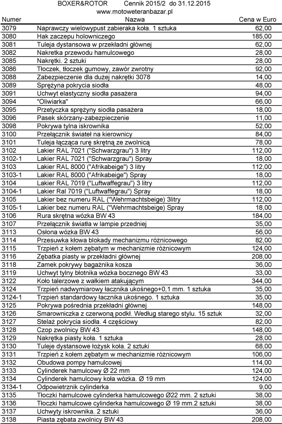 3094 "Oliwiarka" 66,00 3095 Przetyczka sprężyny siodła pasażera 18,00 3096 Pasek skórzany-zabezpieczenie 11,00 3098 Pokrywa tylna iskrownika 52,00 3100 Przełącznik świateł na kierownicy 84,00 3101