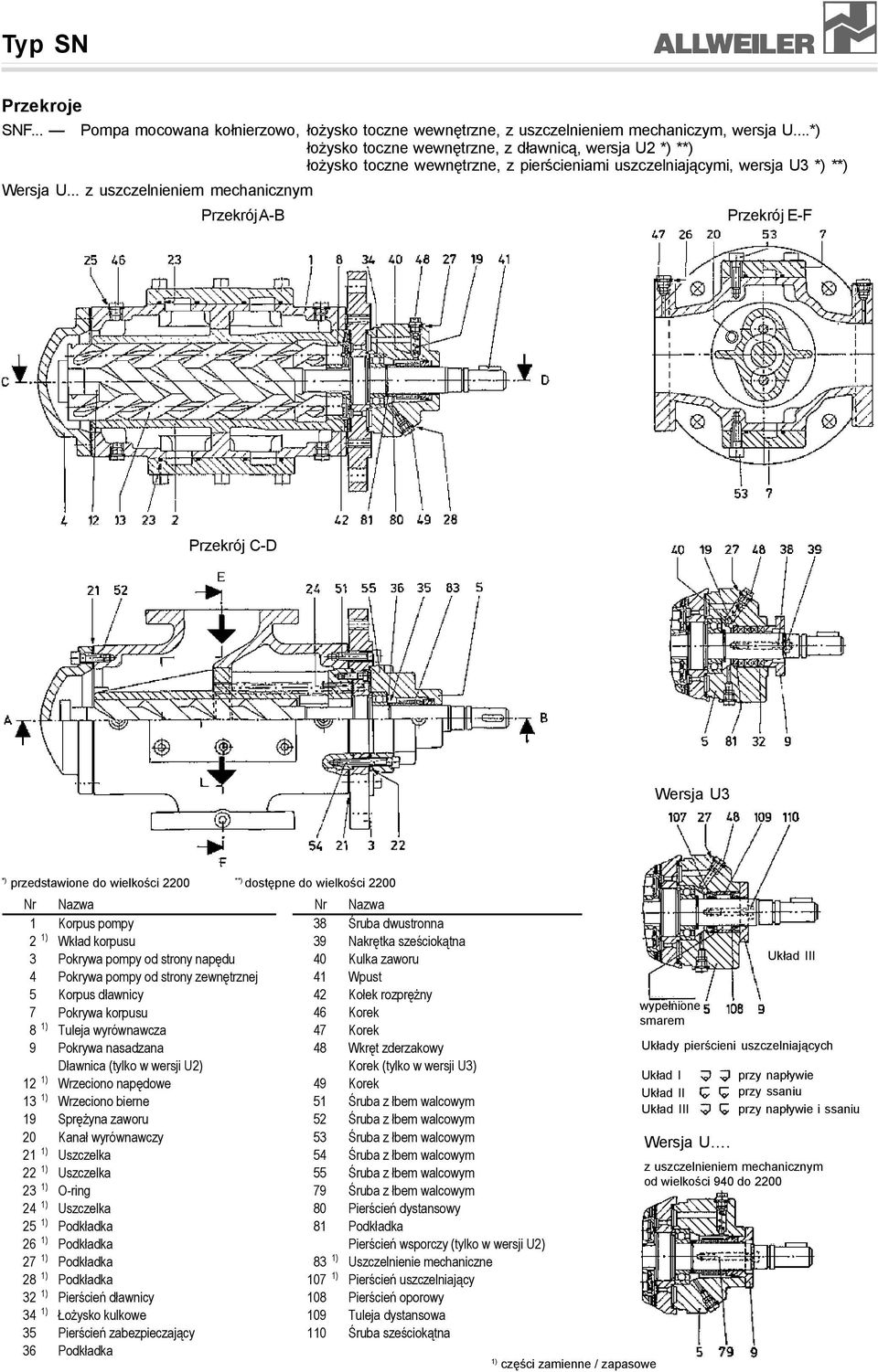 .. z uszczelnieniem mechanicznym Przekrój A-B Przekrój E-F Przekrój C-D Wersja U3 Nr Nazwa Nr Nazwa 1 Korpus pompy 38 Śruba dwustronna 2 Wkład korpusu 39 Nakrętka sześciokątna 3 Pokrywa pompy od