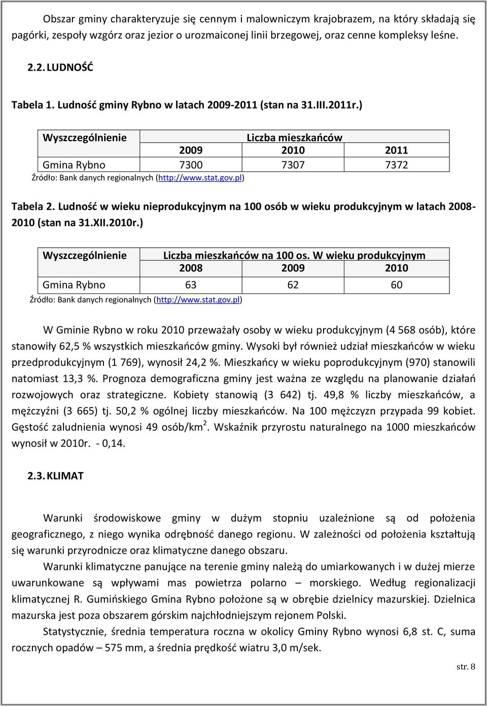 ) Wyszczególnienie Liczba mieszkańców 2009 2010 2011 Gmina Rybno 7300 7307 7372 Źródło: Bank danych regionalnych (http://www.stat.gov.pl) Tabela 2.