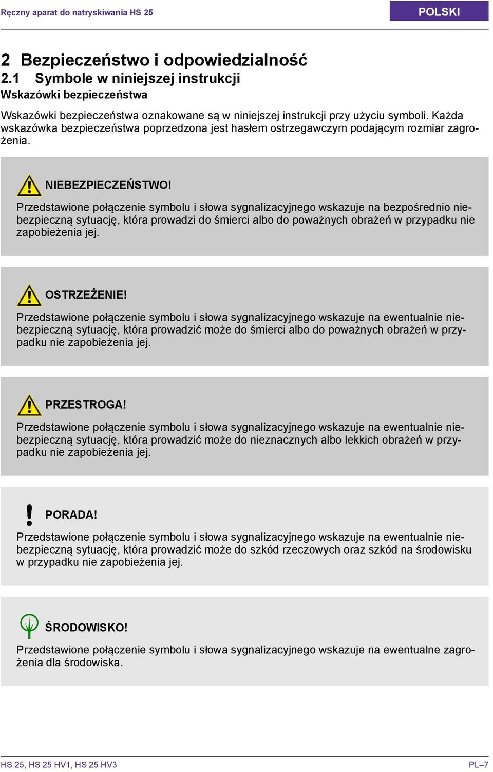 Każda wskazówka bezpieczeństwa poprzedzona jest hasłem ostrzegawczym podającym rozmiar zagrożenia. NIEBEZPIECZEŃSTWO!