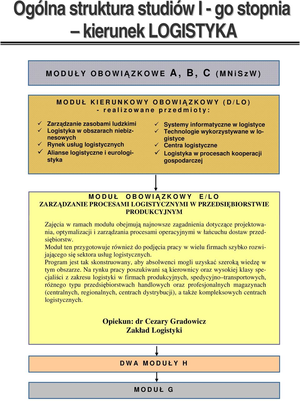 logistyce Centra logistyczne Logistyka w procesach kooperacji gospodarczej M O D U Ł O B O W IĄZKOWY E / L O ZARZĄDZANIE PROCESAMI LOGISTYCZNYMI W PRZEDSIĘBIORSTWIE PRODUKCYJNYM Zajęcia w ramach