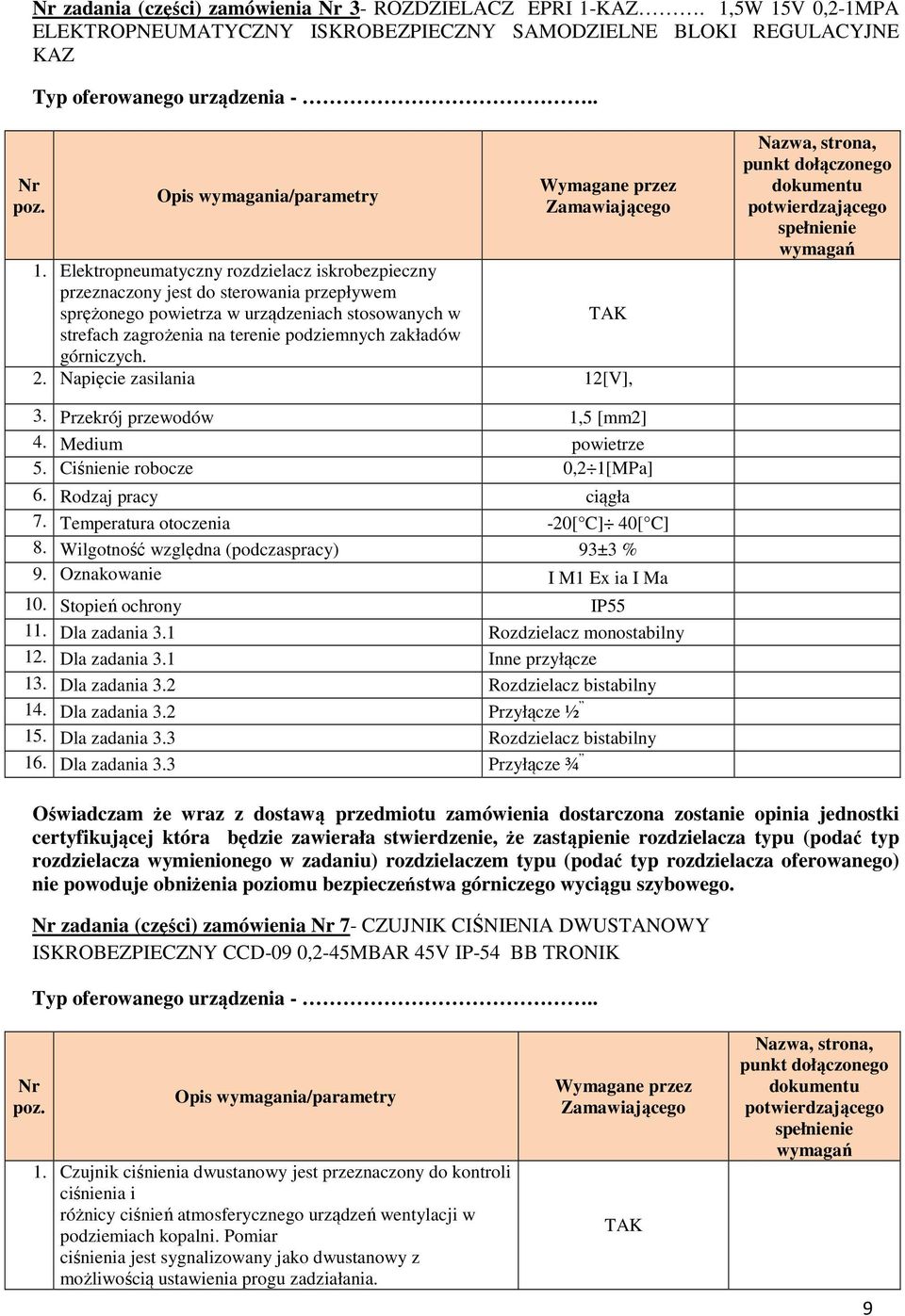 górniczych. 2. Napięcie zasilania 12[V], Nazwa, strona, punkt dołączonego dokumentu spełnienie wymagań 3. Przekrój przewodów 1,5 [mm2] 4. Medium powietrze 5. Ciśnienie robocze 0,2 1[MPa] 6.