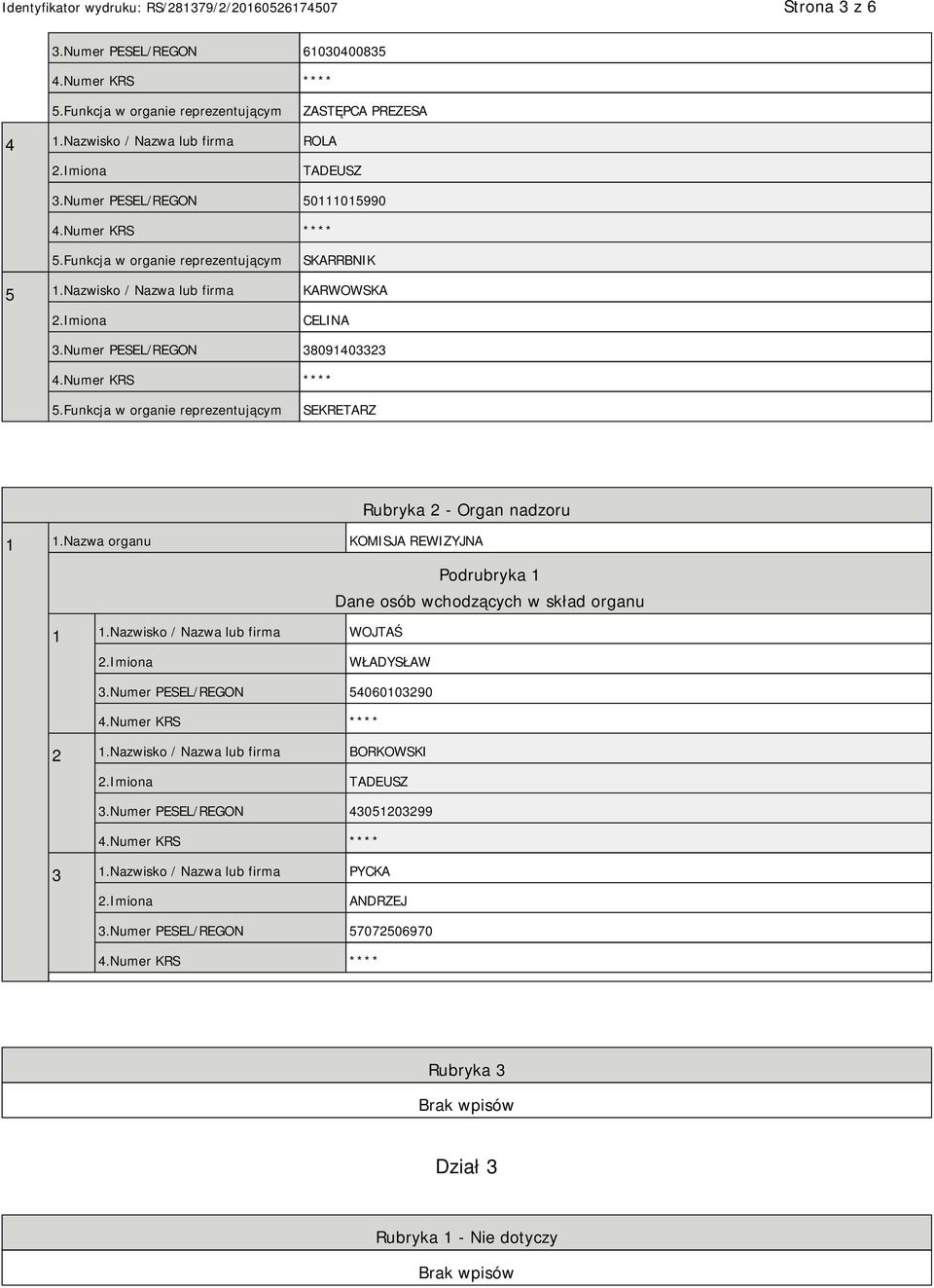 Nazwa organu KOMISJA REWIZYJNA Podrubryka 1 Dane osób wchodzących w skład organu 1 1.Nazwisko / Nazwa lub firma WOJTAŚ WŁADYSŁAW 3.