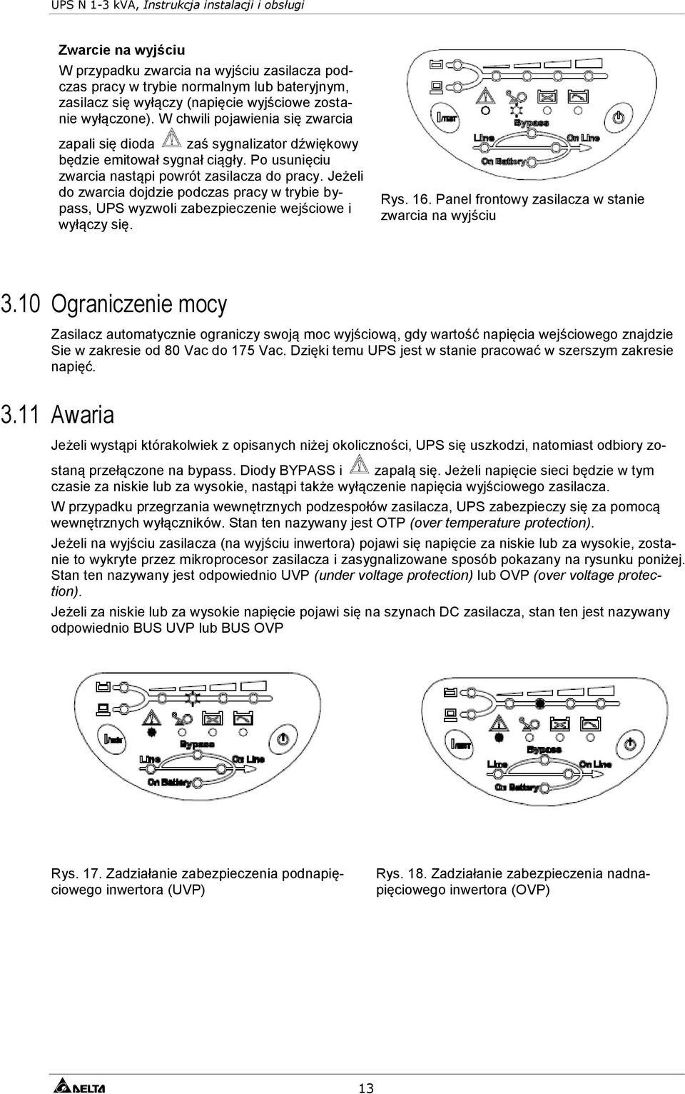 Jeżeli do zwarcia dojdzie podczas pracy w trybie bypass, UPS wyzwoli zabezpieczenie wejściowe i wyłączy się. Rys. 16. Panel frontowy zasilacza w stanie zwarcia na wyjściu 3.