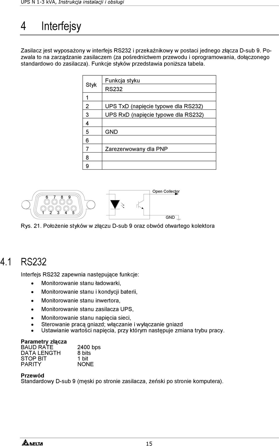 Funkcja styku Styk RS232 1 2 UPS TxD (napięcie typowe dla RS232) 3 UPS RxD (napięcie typowe dla RS232) 4 5 GND 6 7 Zarezerwowany dla PNP 8 9 6 7 8 9 Open Collector 1 2 3 4 5 Rys. 21.