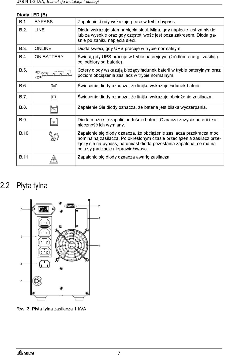 ON BATTERY Świeci, gdy UPS pracuje w trybie bateryjnym (źródłem energii zasilającej odbiory są baterie). B.5.