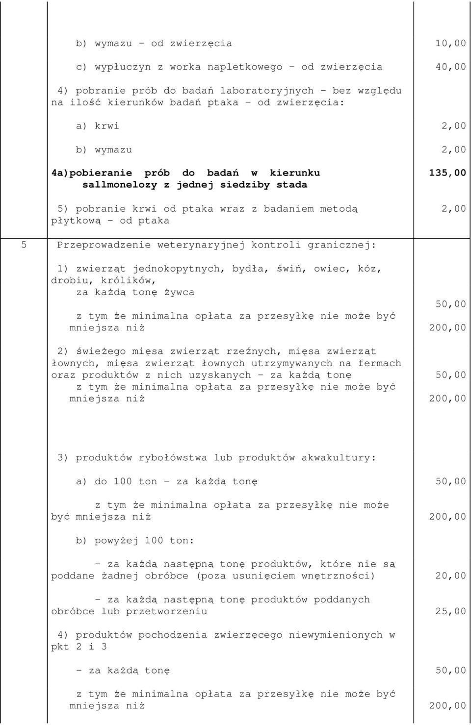 weterynaryjnej kontroli granicznej: 1) zwierząt jednokopytnych, bydła, świń, owiec, kóz, drobiu, królików, za kaŝdą tonę Ŝywca 50,00 z tym Ŝe minimalna opłata za przesyłkę nie moŝe być mniejsza niŝ