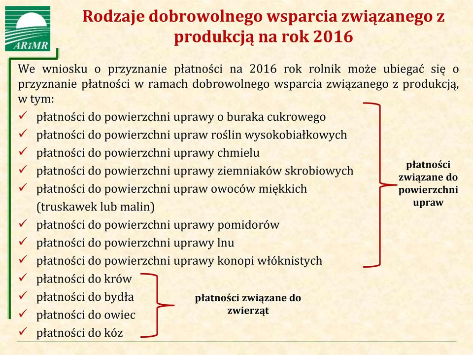 powierzchni uprawy chmielu płatności do powierzchni uprawy ziemniaków skrobiowych płatności do powierzchni upraw owoców miękkich (truskawek lub malin) płatności do powierzchni uprawy pomidorów