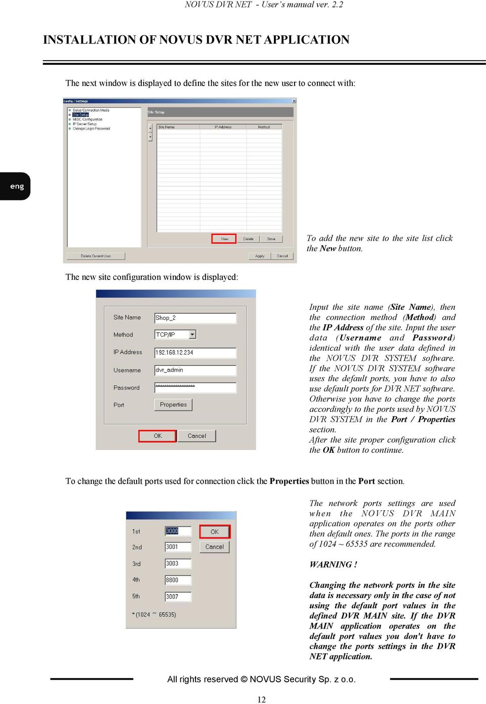 The new site configuration window is displayed: Input the site name (Site ame), then the connection method (Method) and the IP Address of the site.