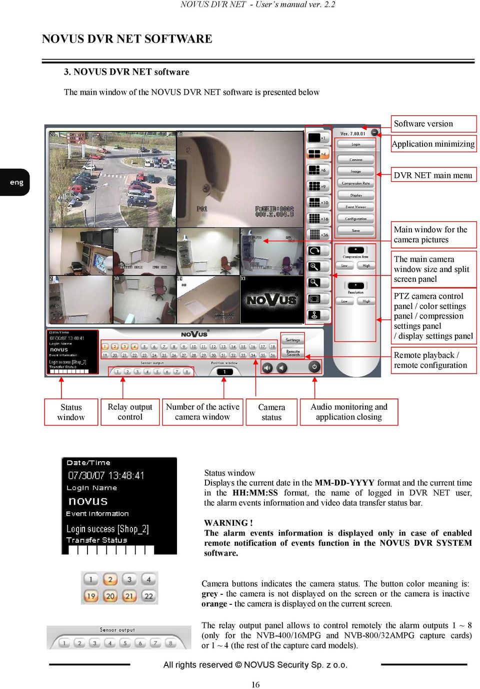 window size and split screen panel PTZ camera control panel / color settings panel / compression settings panel / display settings panel Remote playback / remote configuration Status window Relay