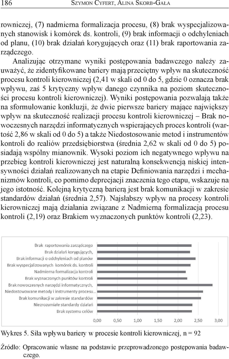 Analizując otrzymane wyniki postępowania badawczego należy zauważyć, że zidentyfikowane bariery mają przeciętny wpływ na skuteczność procesu kontroli kierowniczej (2,41 w skali od 0 do 5, gdzie 0