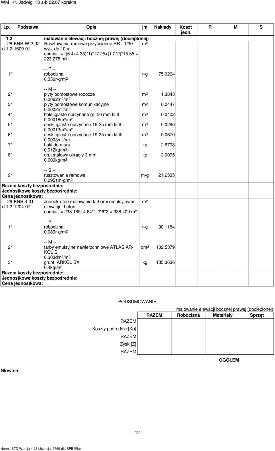 13m 3 / 6* deski iglaste obrzynane 19-25 mm kl.iii m 3.67.3m 3 / 7* haki do muru kg 2.6793.12kg/ 8* drut stalowy okrągły 3 mm kg 2.95.9kg/ m-g 21.2335 9* rusztowania ramowe.951m-g/ 29 d.1.2 KNR 4-1 124-7 Jednokrotne malowanie farbami emulsyjnymi elewacji - beton obmiar = 238.