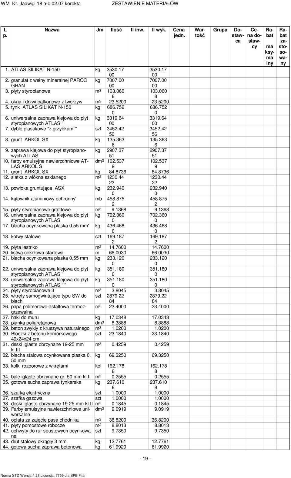 dyble plastikowe "z grzybkami"' szt 3452.42 56 3452.42 56 8. grunt ARKOL SX kg 135.363 6 135.363 6 9. zaprawa klejowa do płyt styropianowych ATLAS kg 297.37 51 297.37 51 1.
