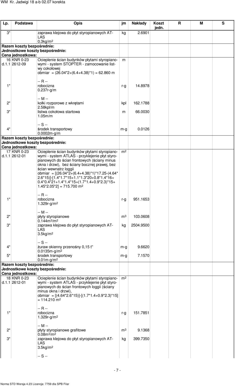 2m-g/m 17 KNR -23 2612-1 Ocieplenie ścian budynków płytami styropianowymi - system ATLAS - przyklejenie płyt styropianowych do ścian frontowych (ściany minus okna i drzwi), bez ściany bocznej prawej,