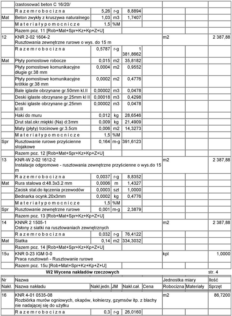 do 15 m R a z e m r o b o c i z n a 0,5787 r-g 1 381,8662 Mat Płyty pomostowe robocze 0,015 m2 35,8182 Płyty pomostowe komunikacyjne 0,0004 m2 0,9552 długie gr.