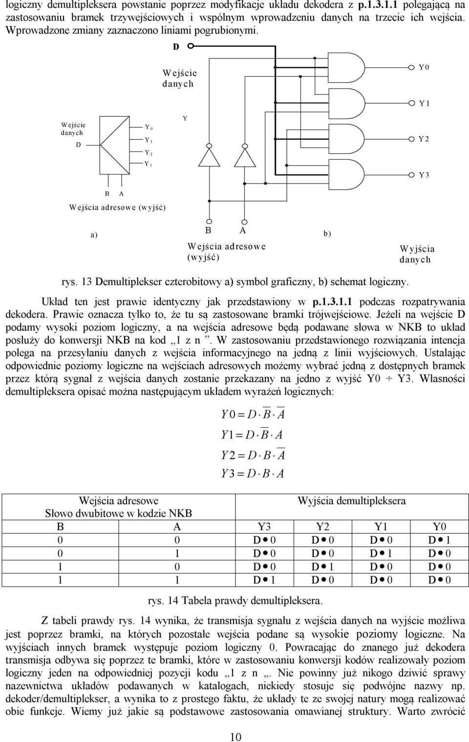 13 Demultiplekser czterobitowy a) symbol graficzny, b) schemat logiczny. Układ ten jest prawie identyczny jak przedstawiony w p.1.3.1.1 podczas rozpatrywania dekodera.