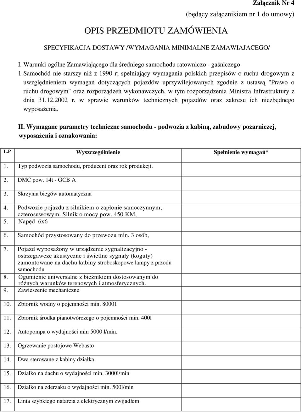 Samochód nie starszy niż z 1990 r; spełniający wymagania polskich przepisów o ruchu drogowym z uwzględnieniem wymagań dotyczących pojazdów uprzywilejowanych zgodnie z ustawą "Prawo o ruchu drogowym"