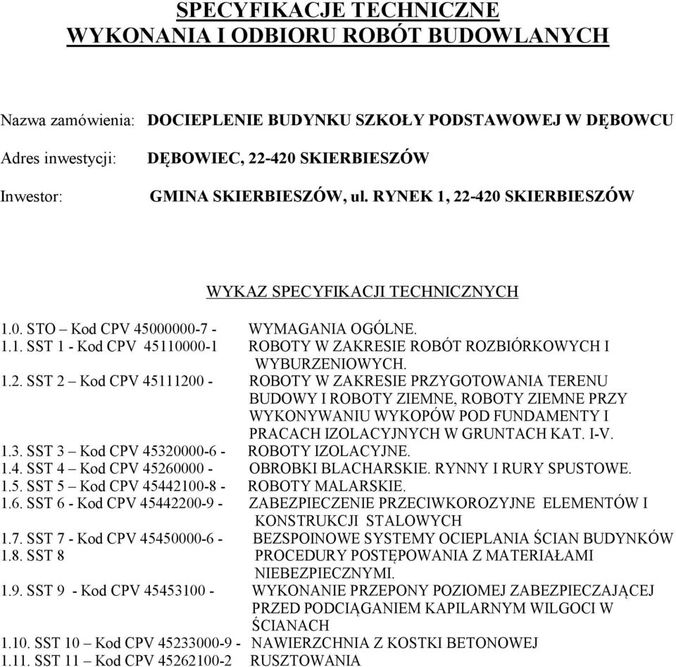 1.2. SST 2 Kod CPV 45111200 - ROBOTY W ZAKRESIE PRZYGOTOWANIA TERENU BUDOWY I ROBOTY ZIEMNE, ROBOTY ZIEMNE PRZY WYKONYWANIU WYKOPÓW POD FUNDAMENTY I PRACACH IZOLACYJNYCH W GRUNTACH KAT. I-V. 1.3.