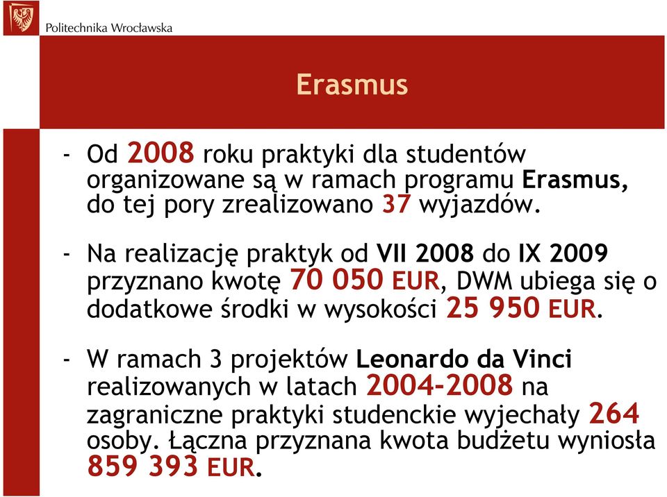 - Na realizację praktyk od VII 2008 do IX 2009 przyznano kwotę 70 050 EUR, DWM ubiega się o dodatkowe środki w