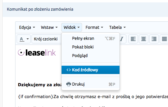 3. Komunikat po złożeniu zamówienia. Po złożeniu zamówienia przez klienta (przy wybranych płatnościach LeaseLink) użytkownik powinien mieć możliwości przejścia do fnalizacji oferty.