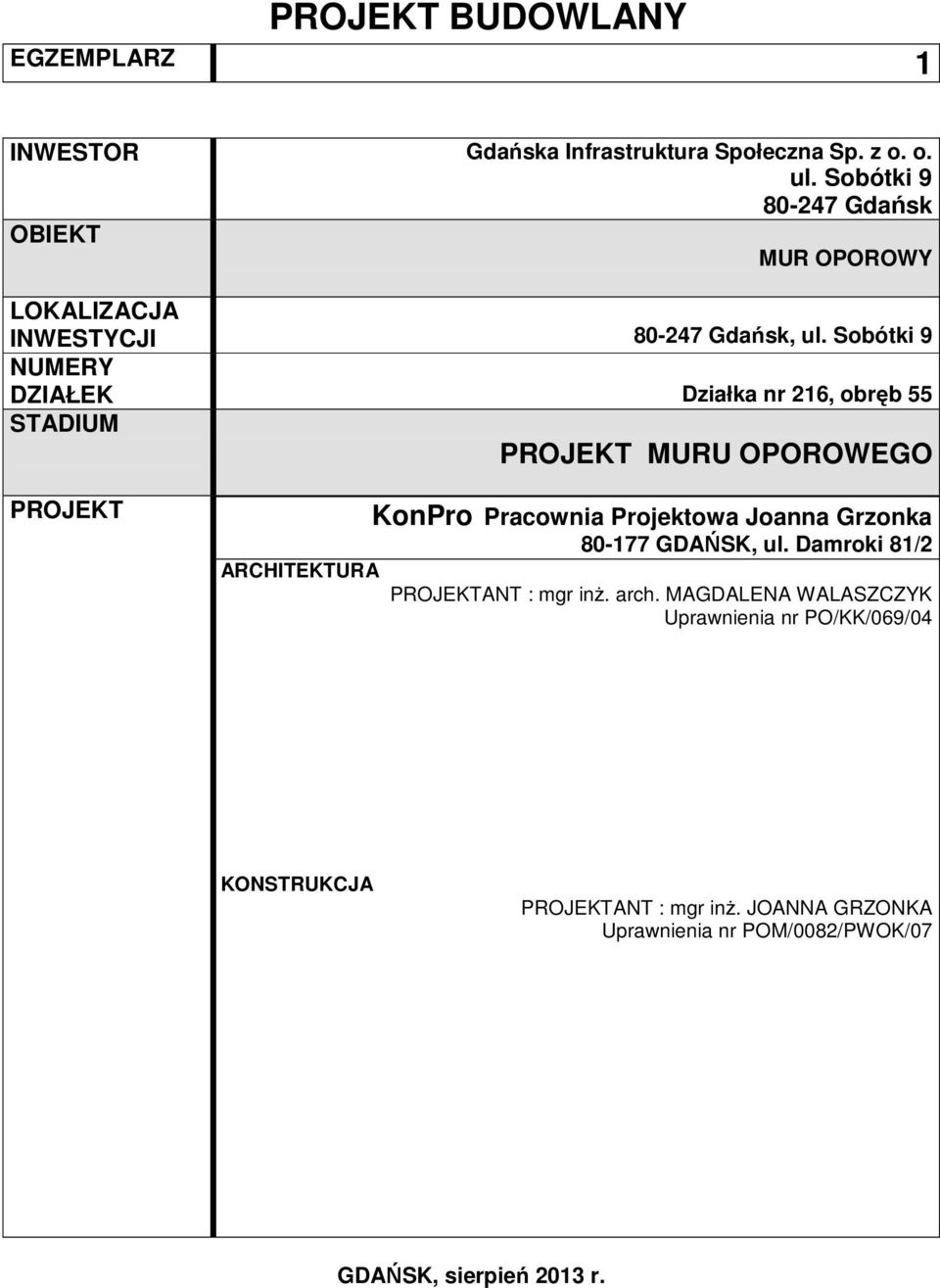 Sobótki 9 NUMERY DZIAŁEK Działka nr 216, obręb 55 STADIUM PROJEKT MURU OPOROWEGO PROJEKT KonPro Pracownia Projektowa Joanna