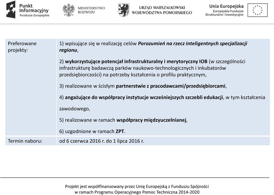 praktycznym, 3) realizowane w ścisłym partnerstwie z pracodawcami/przedsiębiorcami, 4) angażujące do współpracy instytucje wcześniejszych szczebli edukacji, w