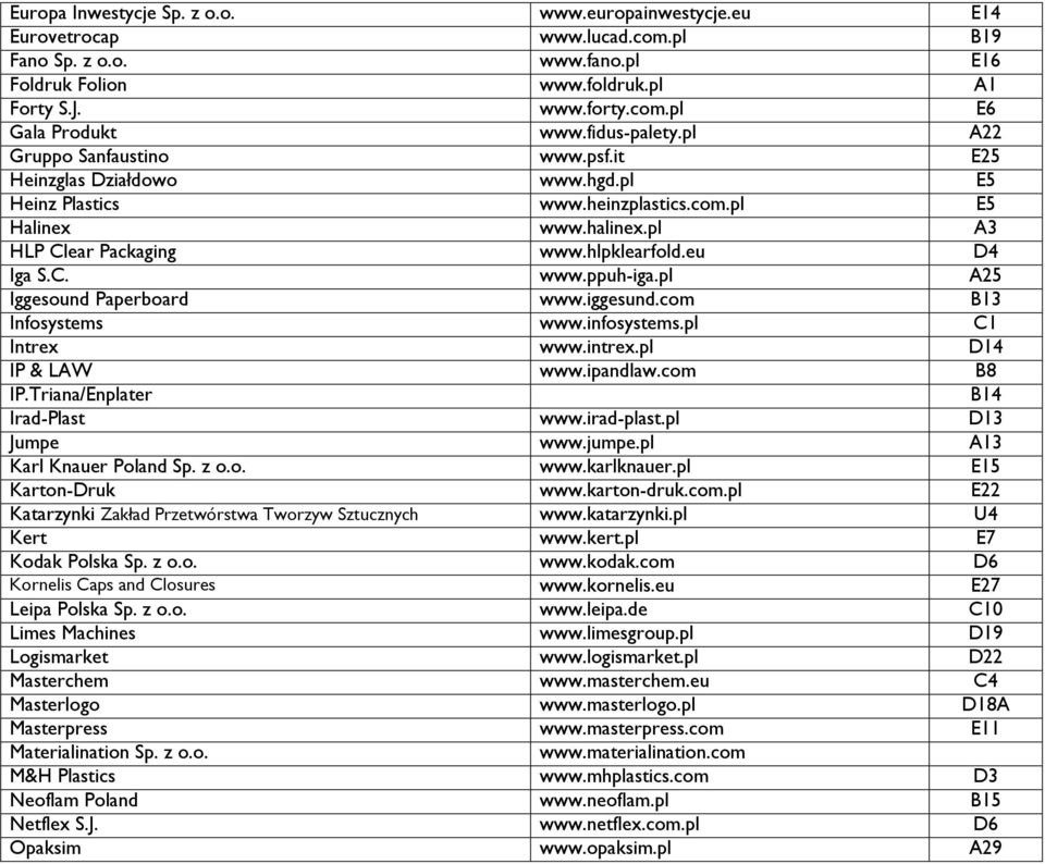eu D4 Iga S.C. www.ppuh-iga.pl A25 Iggesound Paperboard www.iggesund.com B13 Infosystems www.infosystems.pl C1 Intrex www.intrex.pl D14 IP & LAW www.ipandlaw.com B8 IP.